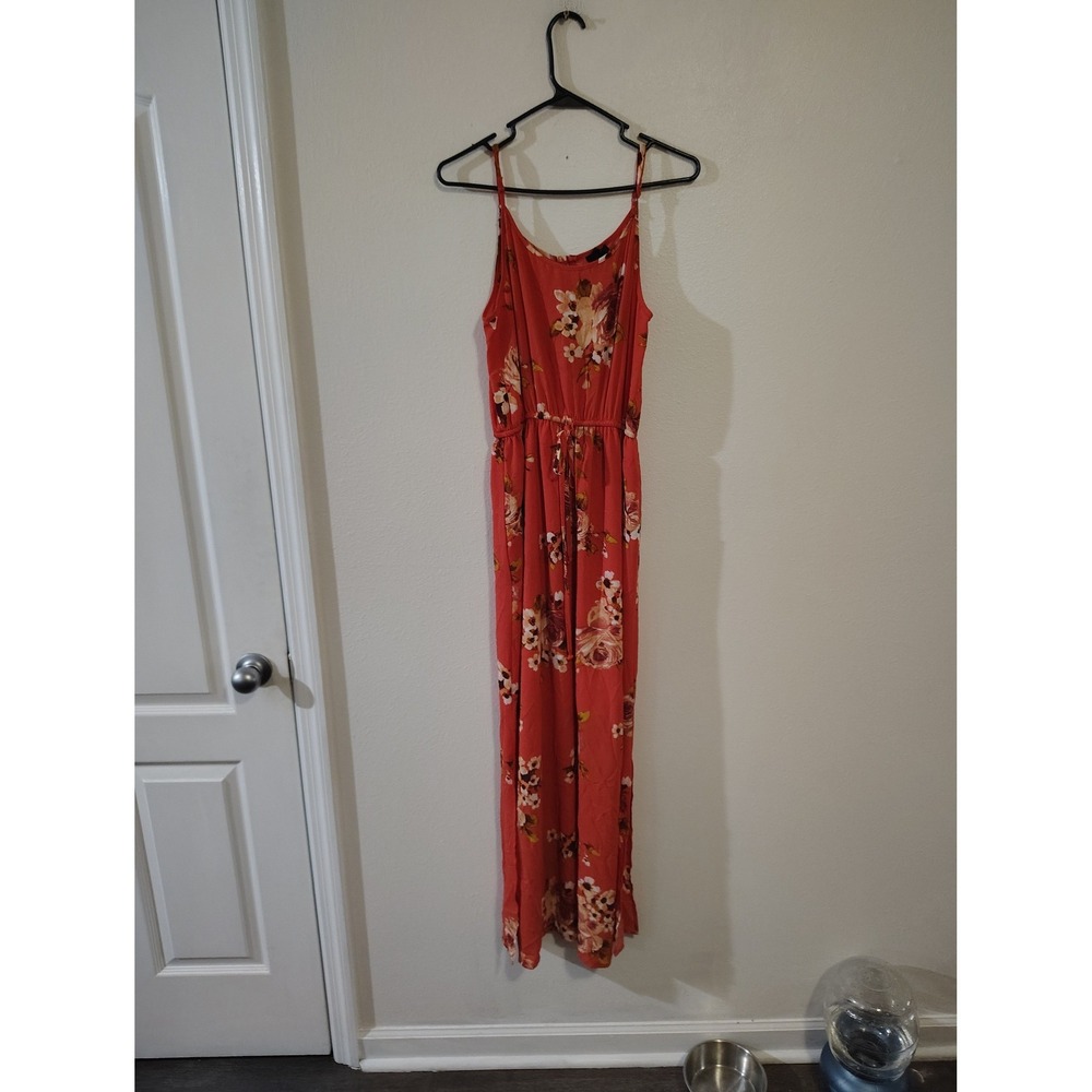 Bobeau Womens Floral Sleeveless Maxi‎ Jumpsuit Coral Red Wide Leg Size M